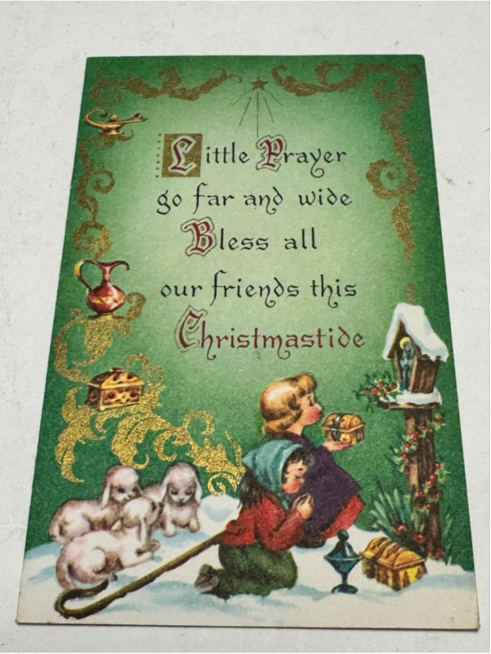 Unused 1950s vintage greeting card Sunshine Christmas Girls At Creche w/ Lambs